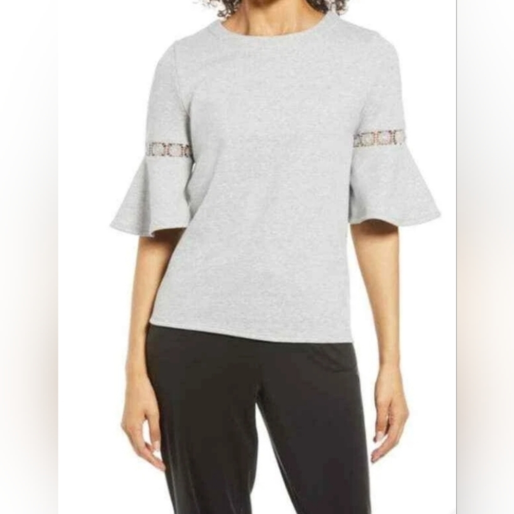Everleigh Heather Gray Lace Accent Bell Sleeve Cotton Blend Knit Top Size L